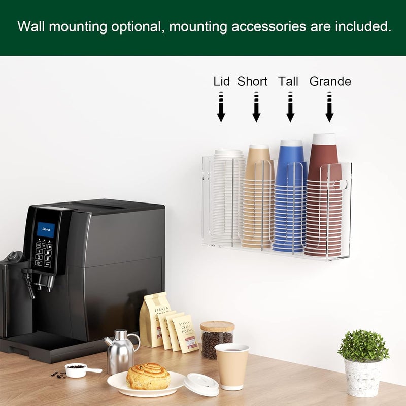 BOSSCASA Disposable Coffee Cup Dispenser with Handles, Countertop or Wall Mount Hot/Cold Drink Cup and Lid Holder - Bathroom/Kitchen/Office Acrylic Cup Lid Storage Organizer (4 Compartments, Clear) - Image 4